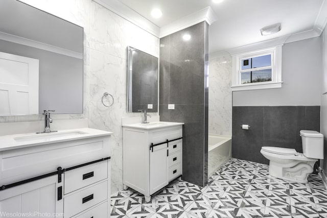 bathroom featuring ornamental molding, toilet, tile walls, and vanity