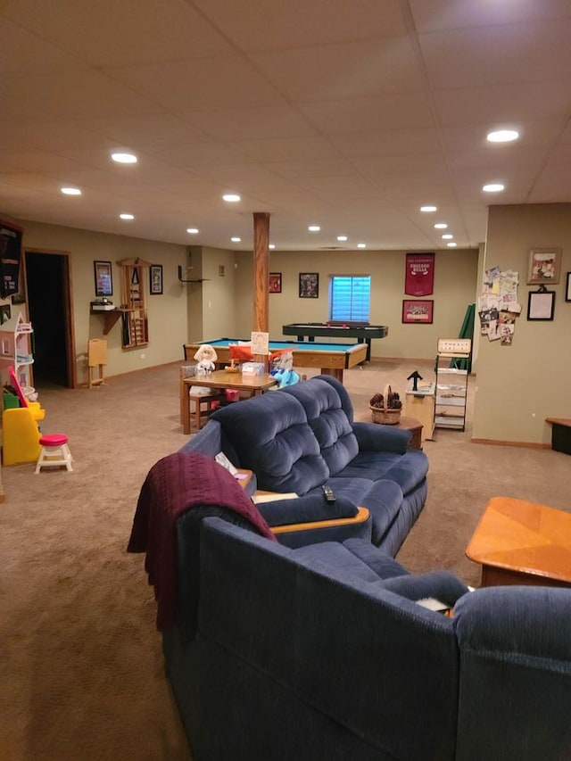 living room with carpet floors and billiards