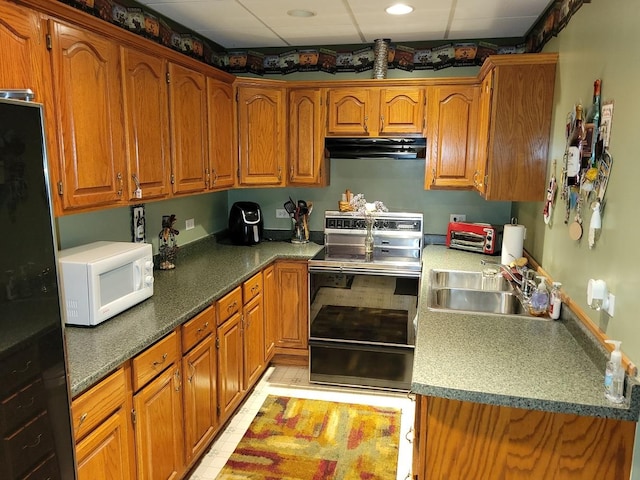 kitchen featuring sink, range with electric cooktop, and black fridge