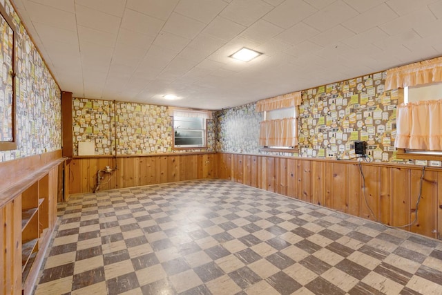 basement featuring plenty of natural light and wooden walls