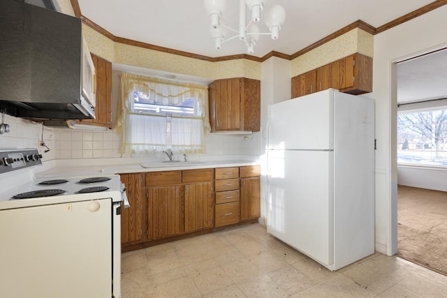 kitchen featuring sink, white appliances, ornamental molding, and backsplash