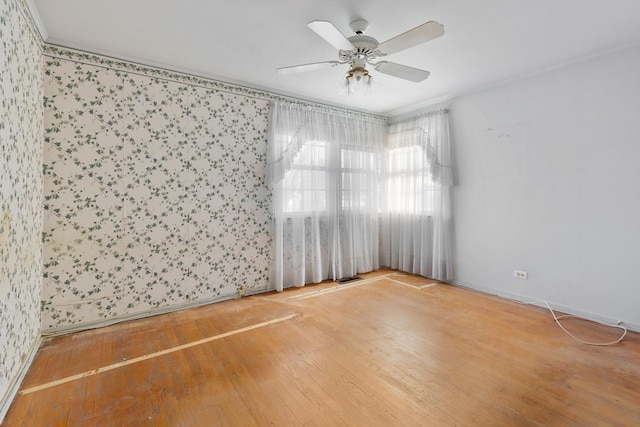 spare room featuring hardwood / wood-style flooring, ceiling fan, and ornamental molding