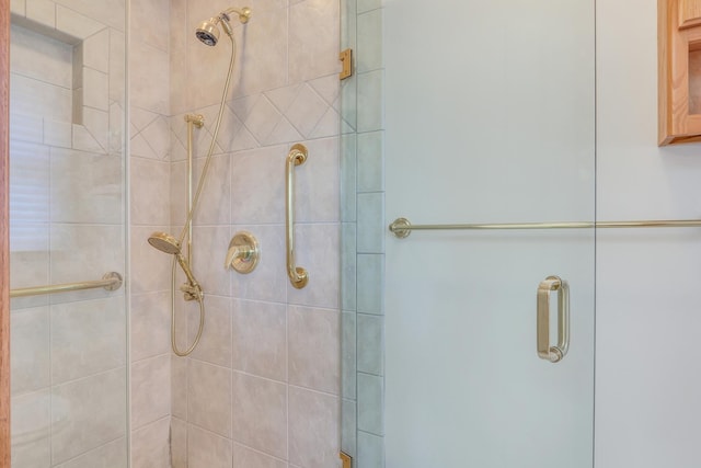 bathroom featuring a shower with shower door