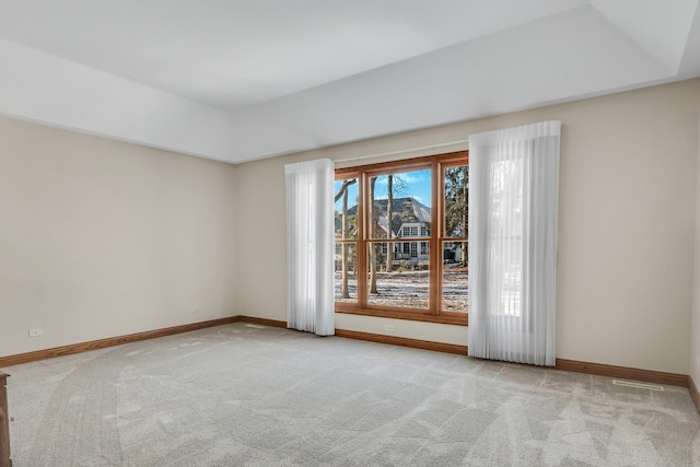 spare room featuring a tray ceiling and light colored carpet