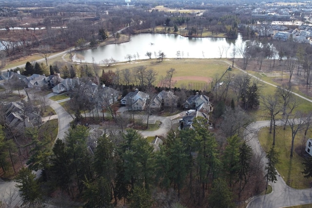 drone / aerial view featuring a water view