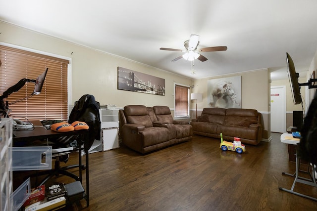 living room with dark wood-type flooring, ornamental molding, and ceiling fan