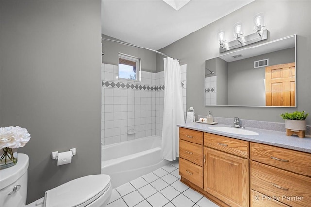 full bath with tile patterned floors, visible vents, toilet, shower / bath combination with curtain, and vanity