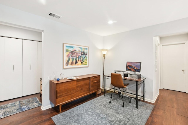 office area featuring dark wood-type flooring