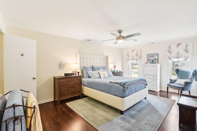 bedroom featuring dark wood-type flooring and ceiling fan