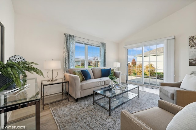 living room with hardwood / wood-style floors and vaulted ceiling