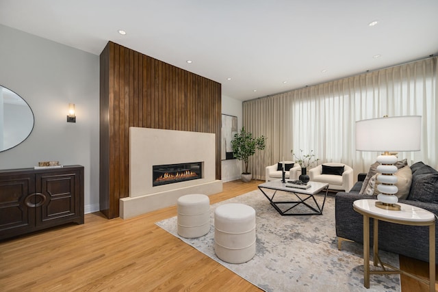 living room with a large fireplace and light hardwood / wood-style flooring