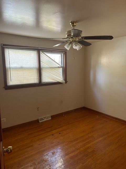 empty room featuring a wealth of natural light, wood-type flooring, and ceiling fan