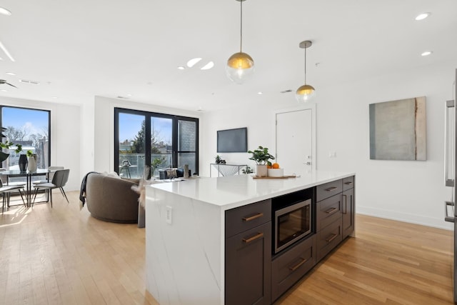 kitchen with a wealth of natural light, stainless steel microwave, light hardwood / wood-style floors, and pendant lighting