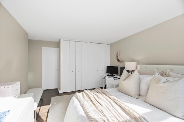 bedroom featuring dark wood-type flooring and multiple closets