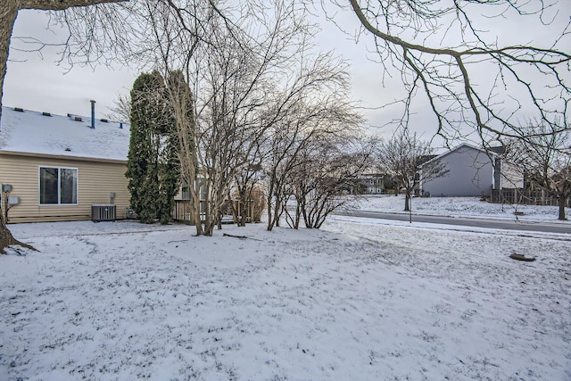 yard covered in snow with central AC