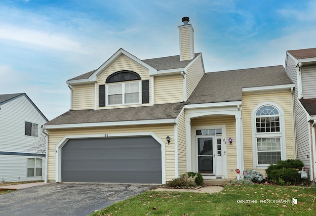 view of front of property with a garage and a front yard