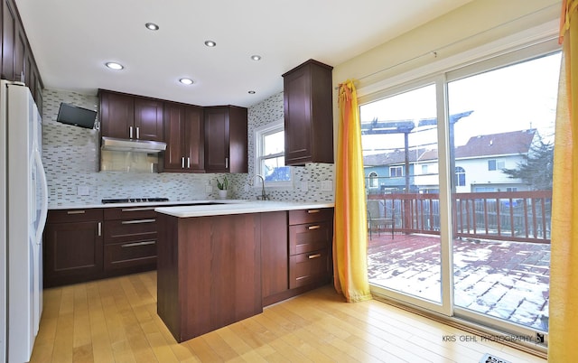 kitchen with white refrigerator, sink, backsplash, and light hardwood / wood-style flooring