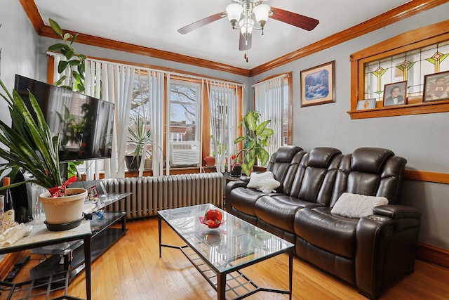 living room featuring cooling unit, ornamental molding, radiator heating unit, and light hardwood / wood-style flooring