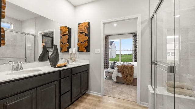 bathroom with vanity, hardwood / wood-style floors, and walk in shower