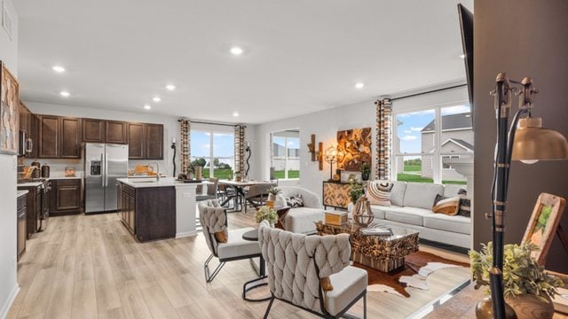 living room featuring a healthy amount of sunlight and light hardwood / wood-style floors