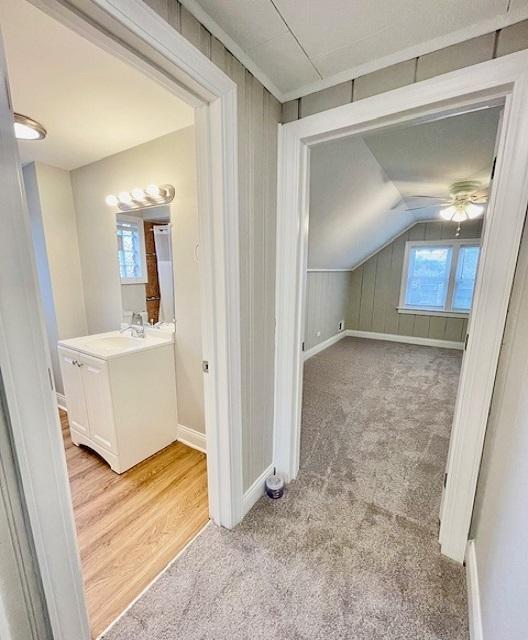 interior space with light carpet and lofted ceiling