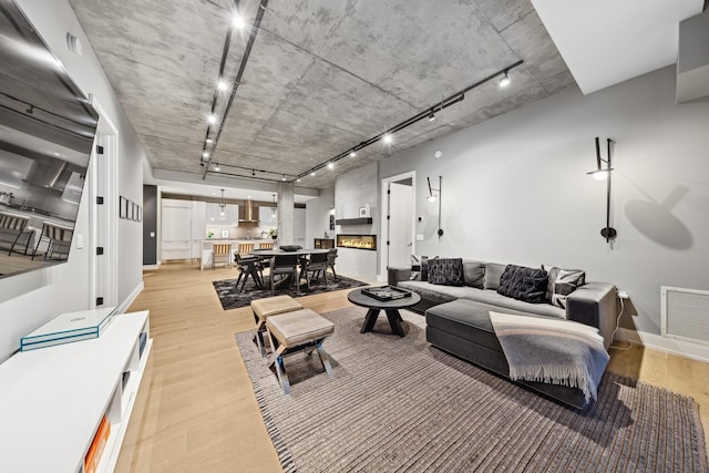 living room featuring a fireplace, rail lighting, and light wood-type flooring