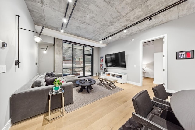 living room featuring rail lighting and light hardwood / wood-style floors