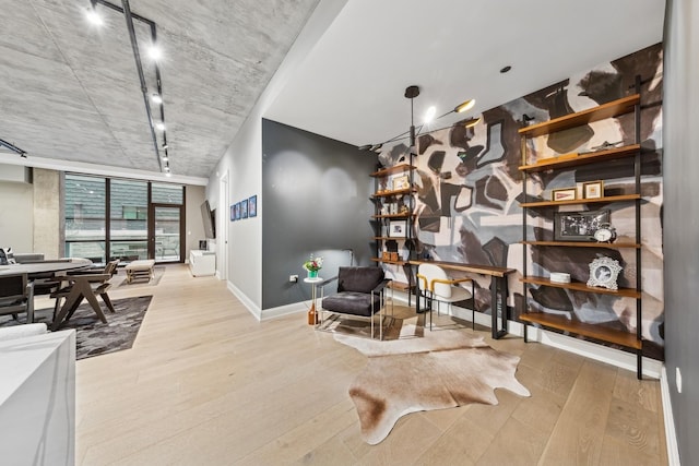 interior space with expansive windows, rail lighting, and light wood-type flooring