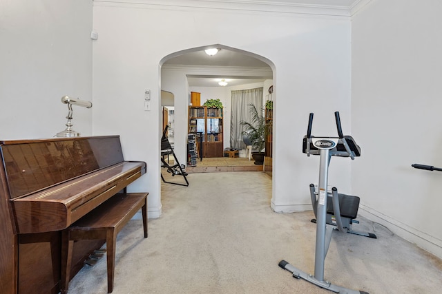 workout room with crown molding, carpet flooring, baseboards, and arched walkways