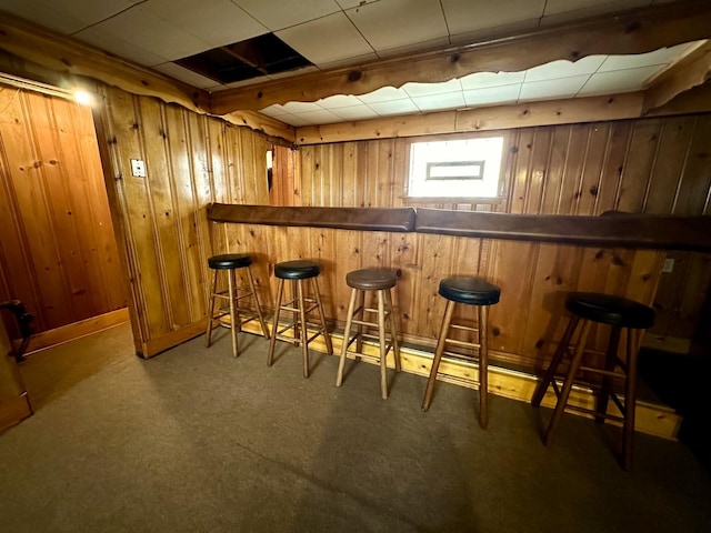 bar featuring carpet flooring and wood walls