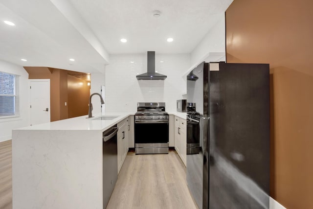 kitchen featuring white cabinetry, sink, kitchen peninsula, stainless steel appliances, and wall chimney range hood