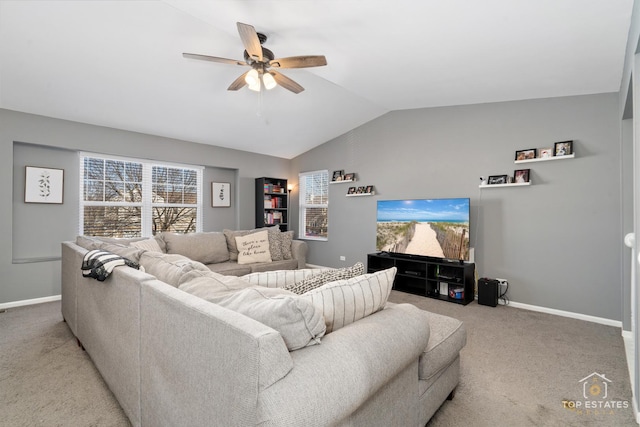 living room with vaulted ceiling, carpet, and ceiling fan