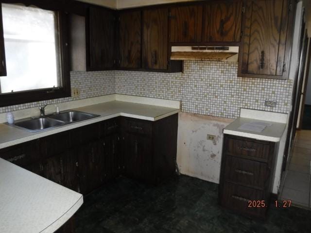 kitchen featuring dark brown cabinets, sink, and decorative backsplash