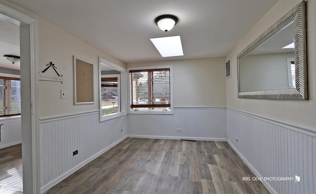 spare room featuring a skylight and wood-type flooring