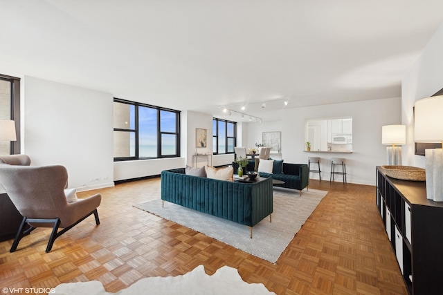 living room featuring light parquet flooring and track lighting