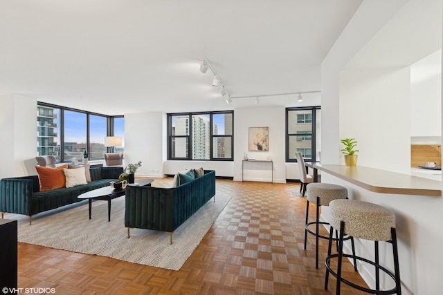 living room featuring rail lighting and parquet flooring