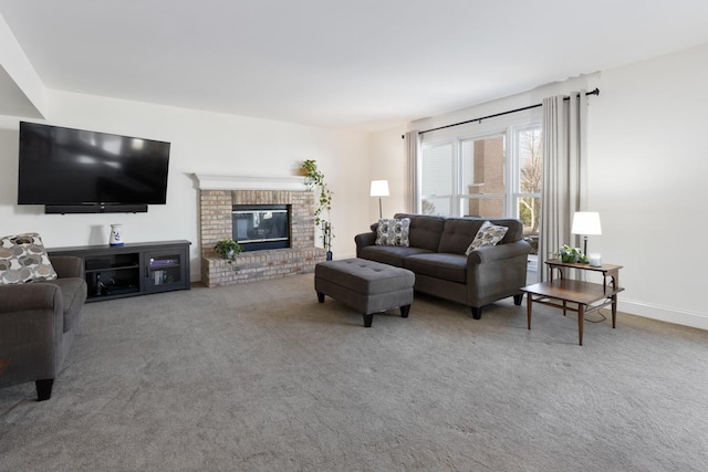 living room featuring carpet floors and a brick fireplace