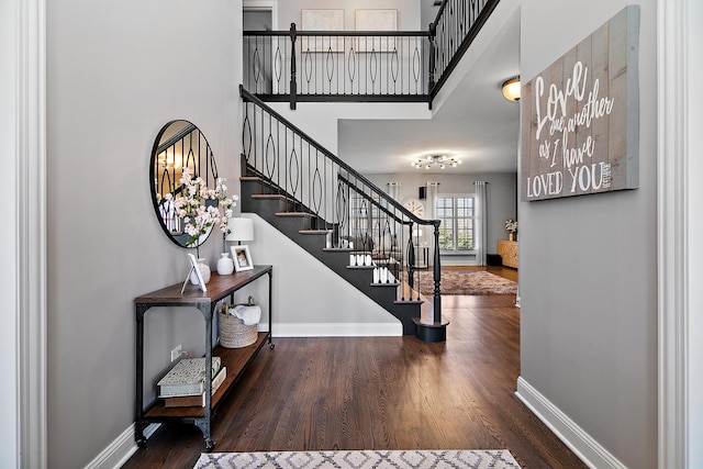 foyer with a high ceiling and wood-type flooring