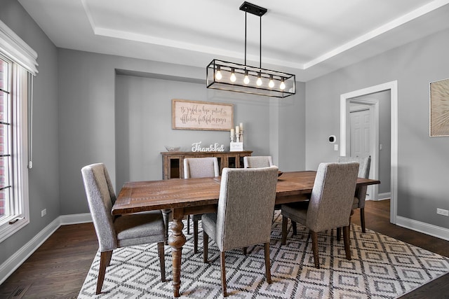 dining room featuring a tray ceiling and dark hardwood / wood-style floors