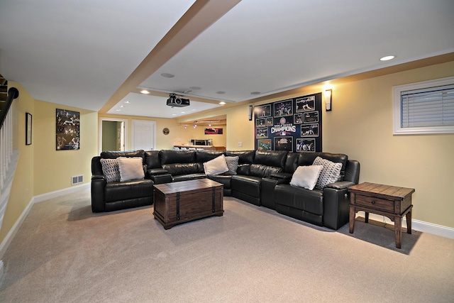 living room featuring light colored carpet