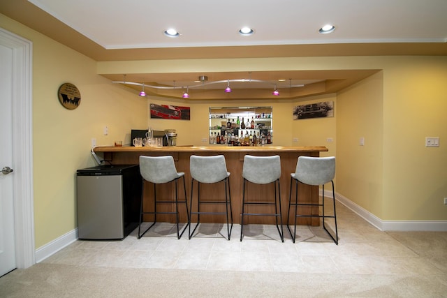 bar featuring light carpet, stainless steel fridge, and a tray ceiling