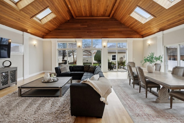 living room featuring wooden ceiling, light hardwood / wood-style floors, and a skylight