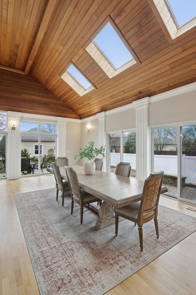 dining space featuring lofted ceiling with skylight, light hardwood / wood-style floors, and wooden ceiling