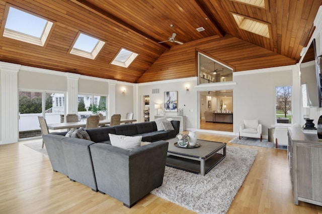 living room featuring high vaulted ceiling, a healthy amount of sunlight, wood ceiling, and light hardwood / wood-style floors