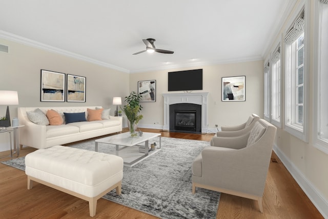 living room with hardwood / wood-style flooring, crown molding, plenty of natural light, and ceiling fan