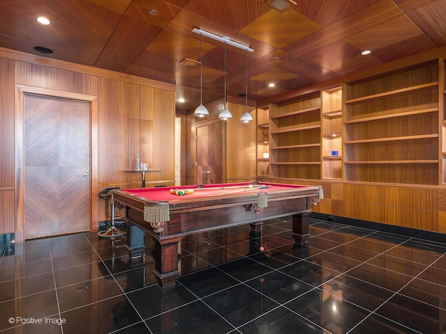 playroom with pool table, wooden walls, and wooden ceiling