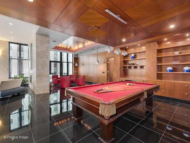 game room featuring billiards and wooden ceiling