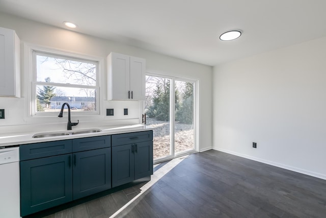 kitchen featuring sink, dishwasher, backsplash, white cabinets, and dark hardwood / wood-style flooring