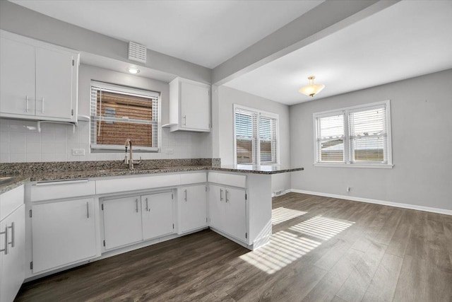 kitchen featuring white cabinetry, sink, backsplash, and dark hardwood / wood-style floors