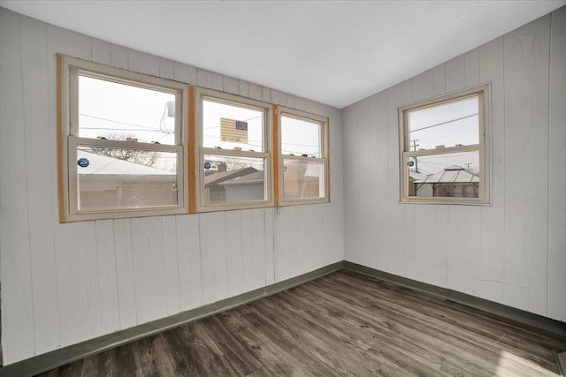 spare room featuring wooden walls and dark hardwood / wood-style flooring